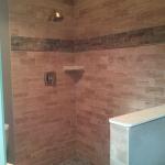 TRAVERTINE 3X6 OPEN SHOWER WITH SLATE ACCENT STRIP BRUSHED NICKEL MOEN