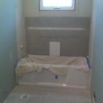 NEW GREEN BOARD FOR WALLS, CEMENT BOARD AROUND NEW ACYLIC TUB READY FOR TILE