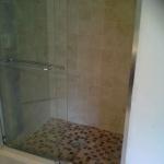 SHOWER REMODEL WITH 6X6 ALMOND TILE, MATCHING MOSAIC FLOOR AND BEIGE MARBLE CURB