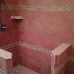 CUSTOM STAND UP NEO ANGLE SHOWER SALMON 12X12 1X1 ACCENT STRIP MOSAIC